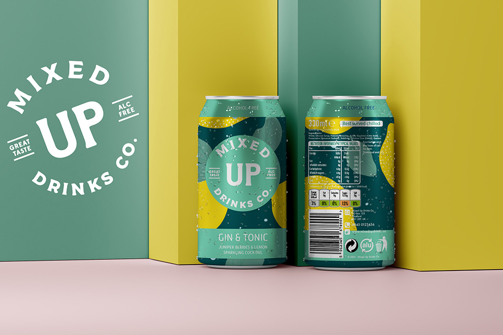 Packaging Design - Graphic Design - Mockup of gin and tonic drink can design front and back.