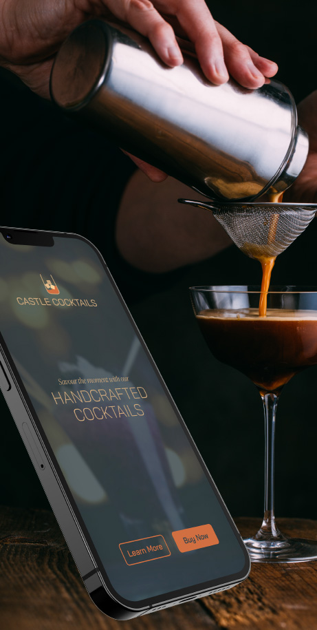 Mobile App Design - UI UX Design - Mixologist pouring a cocktail from a cocktail shaker into a cocktail glass with mobile phone showing the mobile app for a cocktail delivery business.