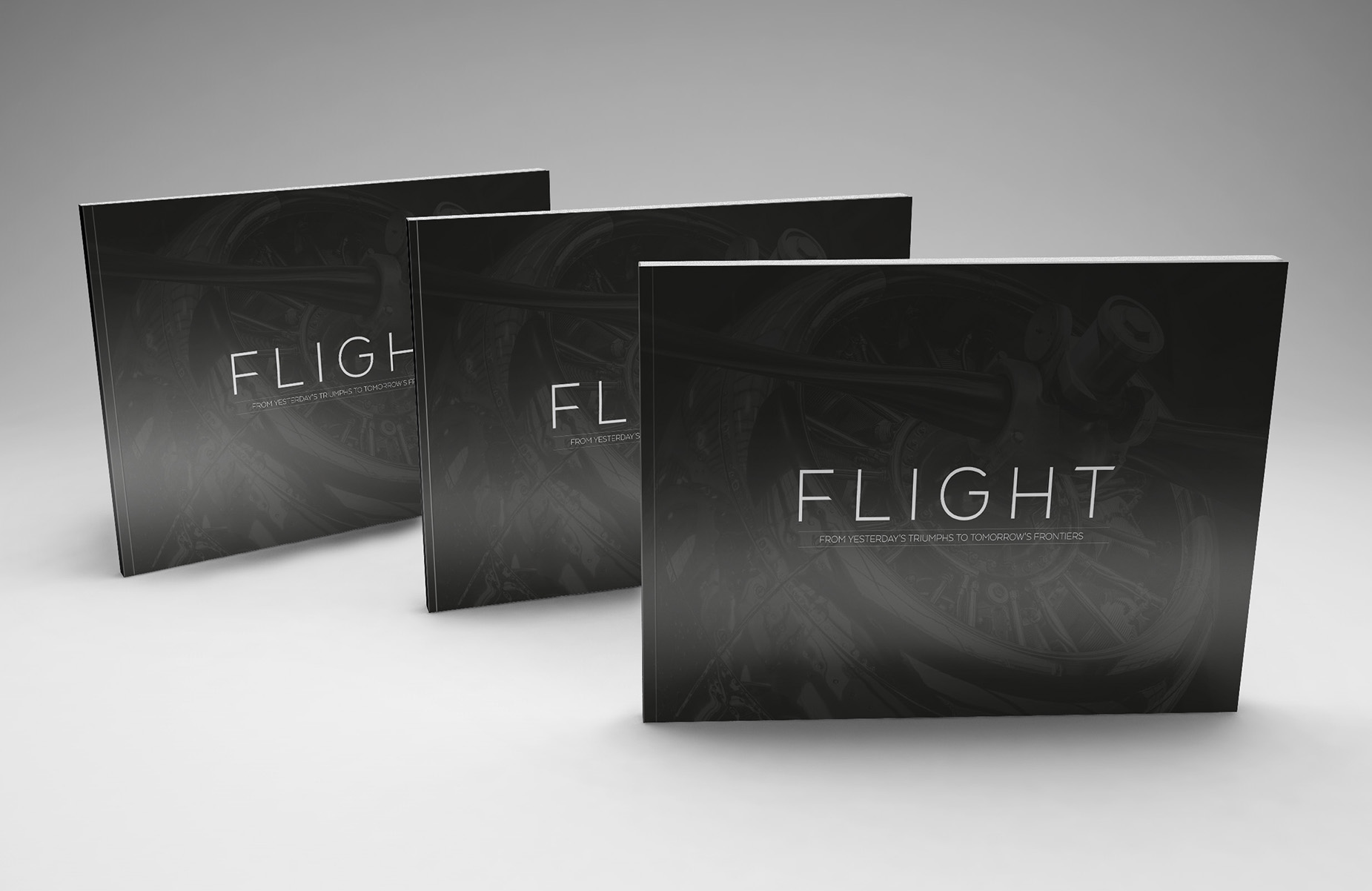 Book Design - Publication - Mockup of three books standing up showing the front cover design of a book about aviation.