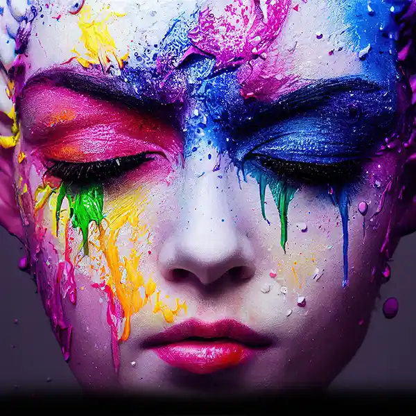 headshot of female painted in multiple colours.