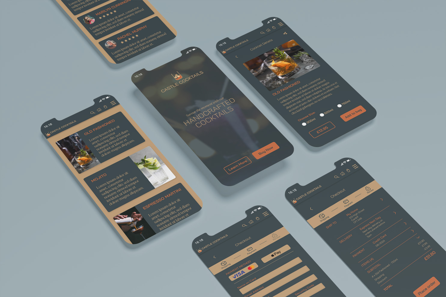 Mobile App Design - UI UX Design - Mockup of mobile application screens for a cocktail delivery business.