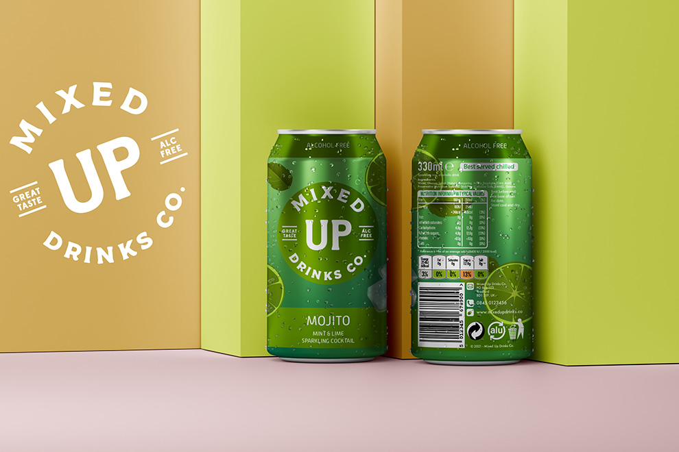 Packaging Design - Graphic Design - Mockup of mojito drink can design front and back.