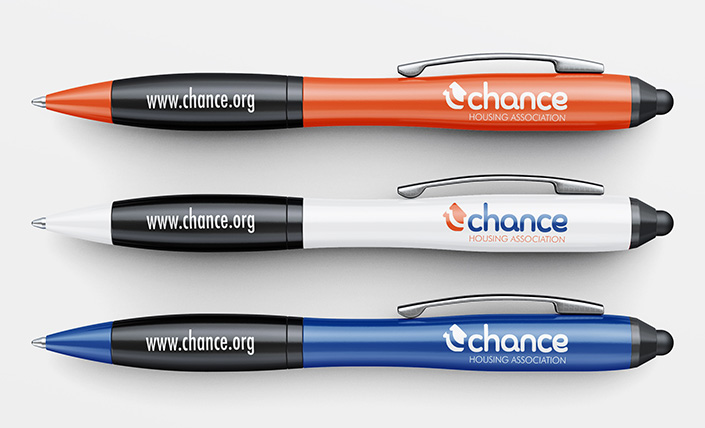Brand Identity - Merchandise - Graphic Design - Mockup of pens with logo printed on them.